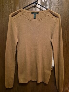 NWT Lauren Ralph Lauren Tan Camel Knit Sweater with Shoulder Buckles S